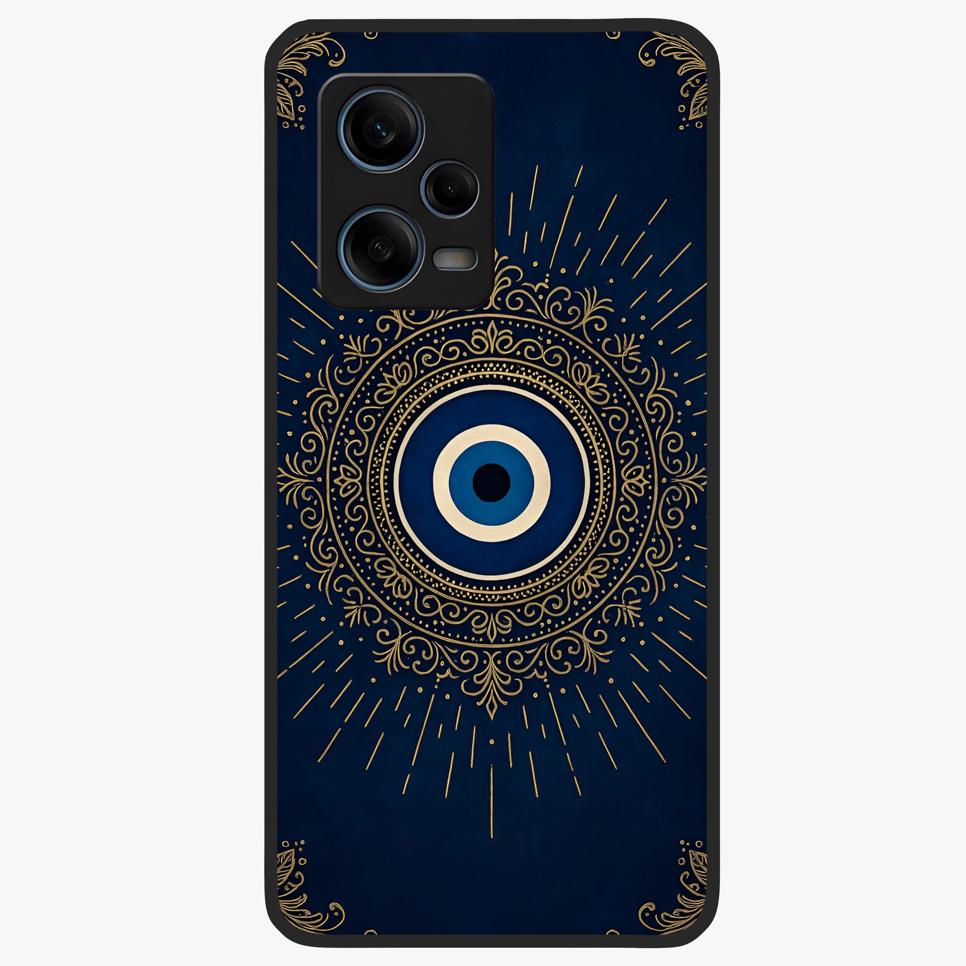 Golden Evil Eye Mandala Glass Case showing flat back view with intricate evil eye mandala artwork and glossy glass finish.