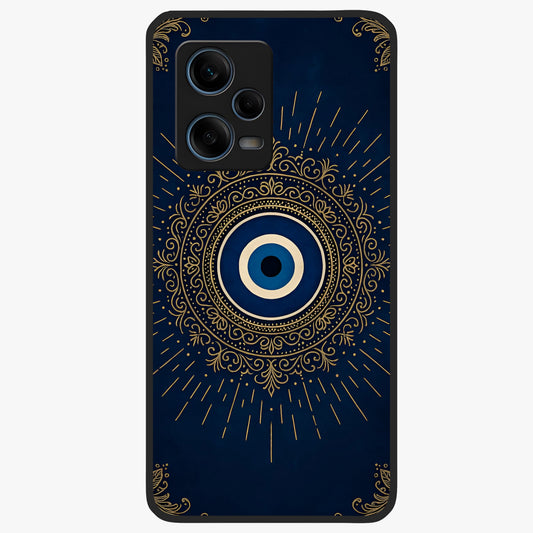 Golden Evil Eye Mandala Glass Case showing flat back view with intricate evil eye mandala artwork and glossy glass finish.