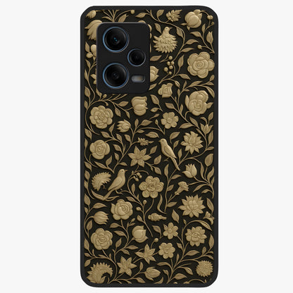 Golden Floral Majesty Glass Case showing flat back view with luxurious golden floral artwork and glossy glass finish.