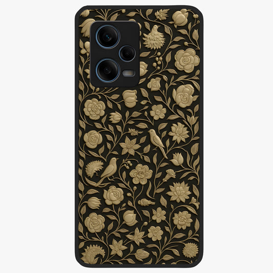 Golden Floral Majesty Glass Case showing flat back view with luxurious golden floral artwork and glossy glass finish.