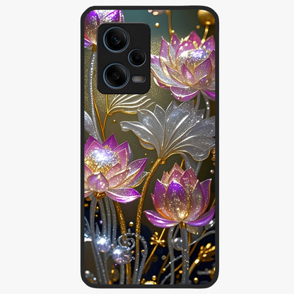 Golden Lotus Glow Glass Case showing flat back view with glowing lotus flower artwork and glossy glass finish.