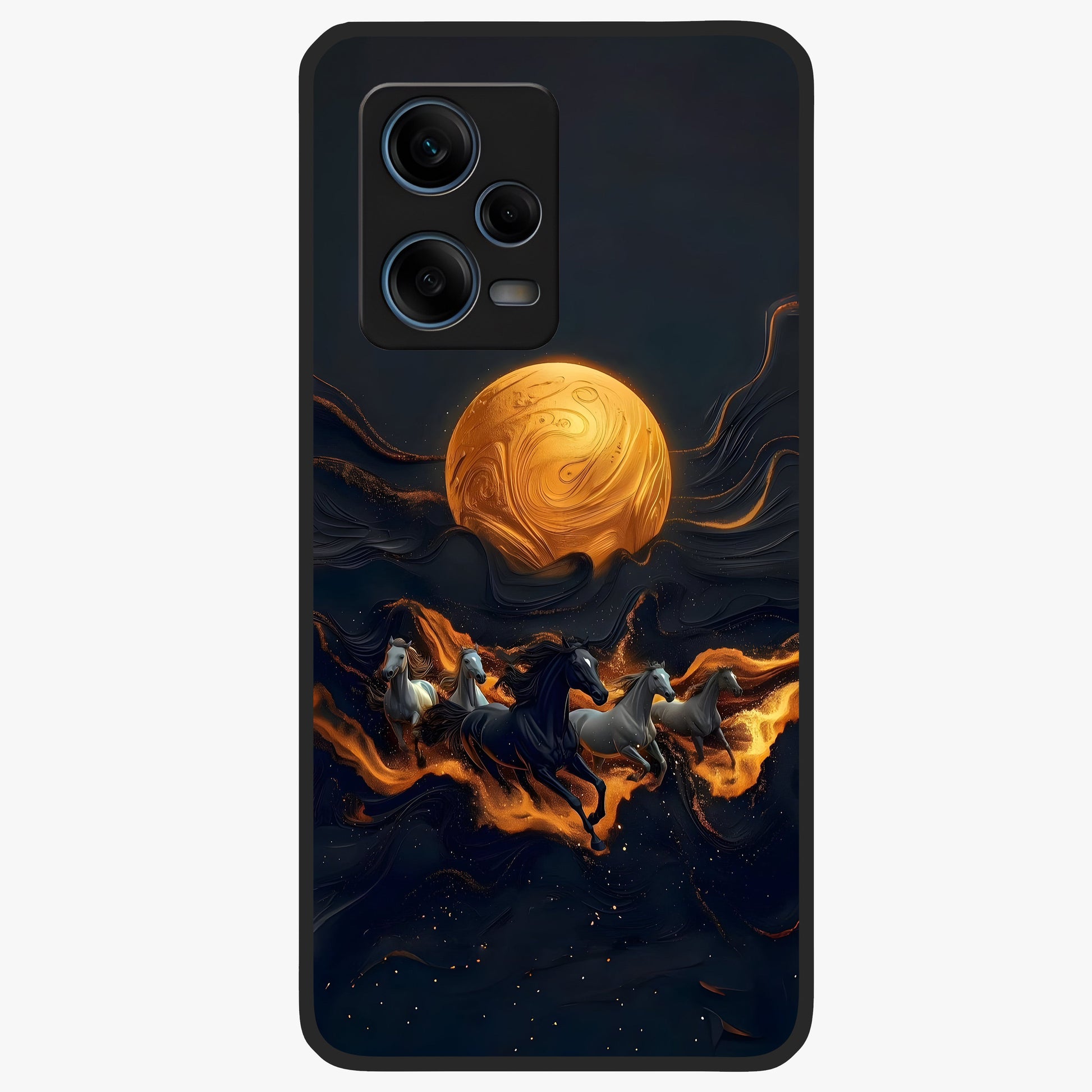 Golden Stallion Moonride Glass Case showing flat back view with majestic horse under moonlight artwork and glossy glass finish.