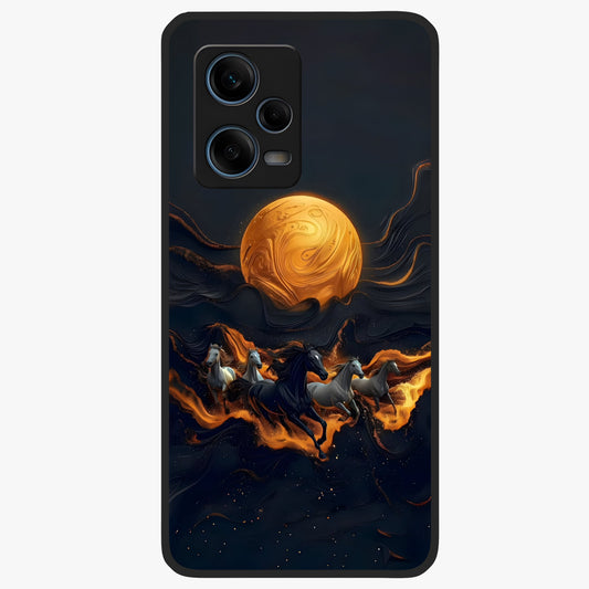 Golden Stallion Moonride Glass Case showing flat back view with majestic horse under moonlight artwork and glossy glass finish.
