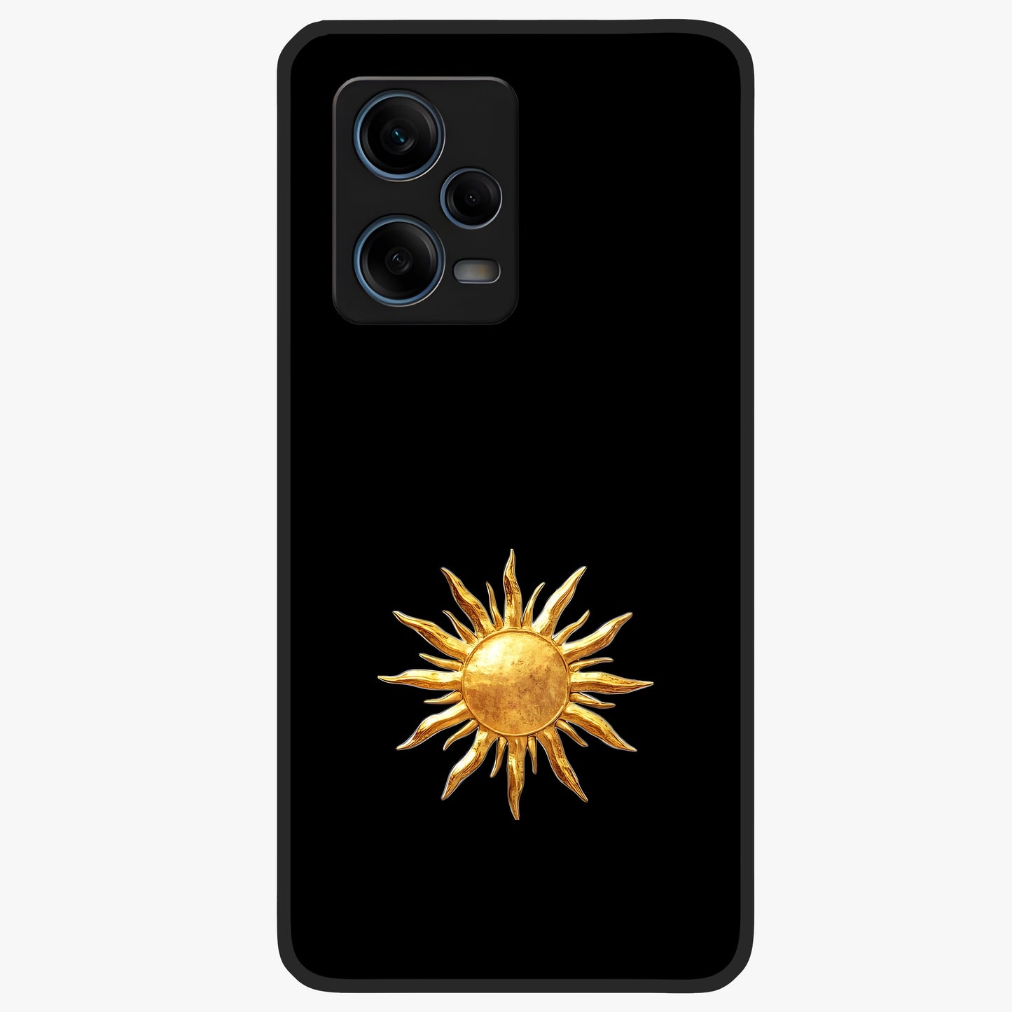 Golden Sun Minimalism Glass Case showing flat back view with minimal golden sun artwork and glossy glass finish.