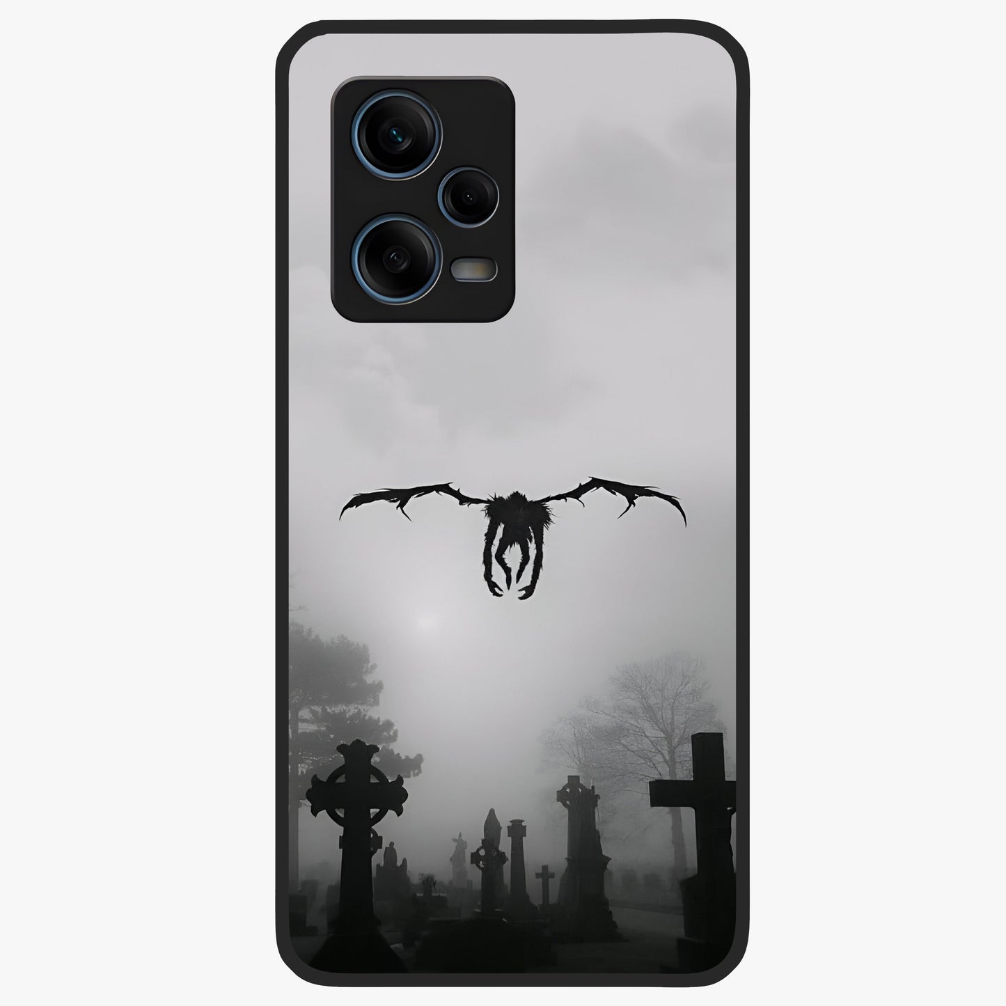 Graveyard Shadow Descent Glass Case showing flat back view with dark graveyard themed artwork and glossy glass finish.