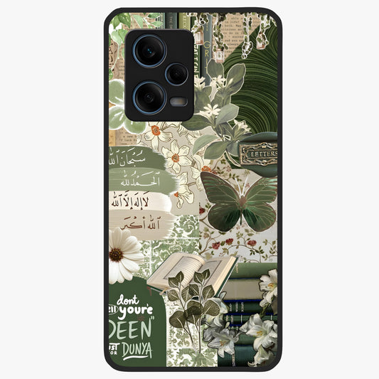 Green Islamic Books Quotes Glass Case showing flat back view with Islamic quotes and book themed artwork and glossy glass finish.
