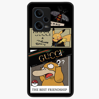 Gucci Play Mashup Glass Case showing flat back view with luxury inspired graphic artwork and glossy glass finish.