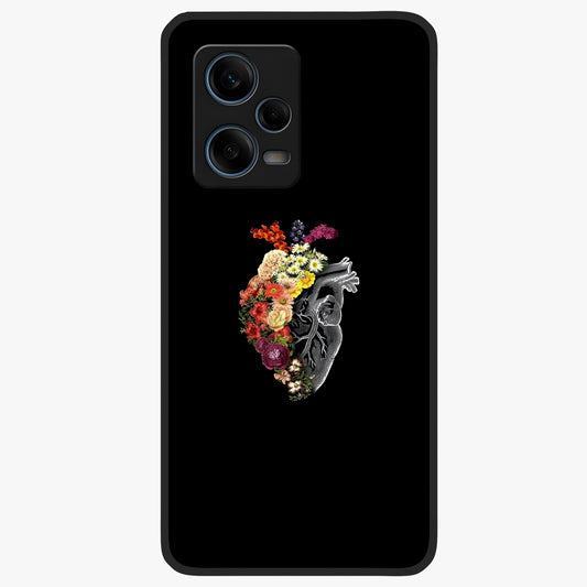 Heart With Flowers Glass Case showing flat back view with heart shaped floral artwork and glossy glass finish.