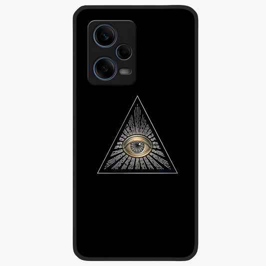 Illuminati Evil Glass Case showing flat back view with mysterious illuminati symbol artwork and glossy glass finish.