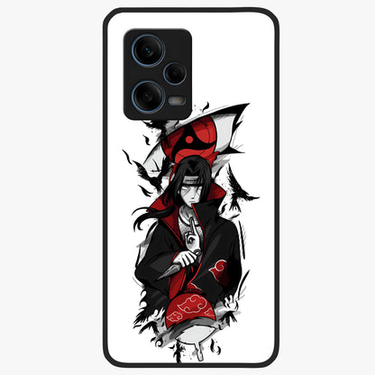 Itachi Sharingan Glass Case showing flat back view with powerful anime eye artwork and glossy glass finish.