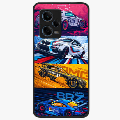 JDM Sports Car Glass Case showing flat back view with high performance sports car artwork and glossy glass finish.