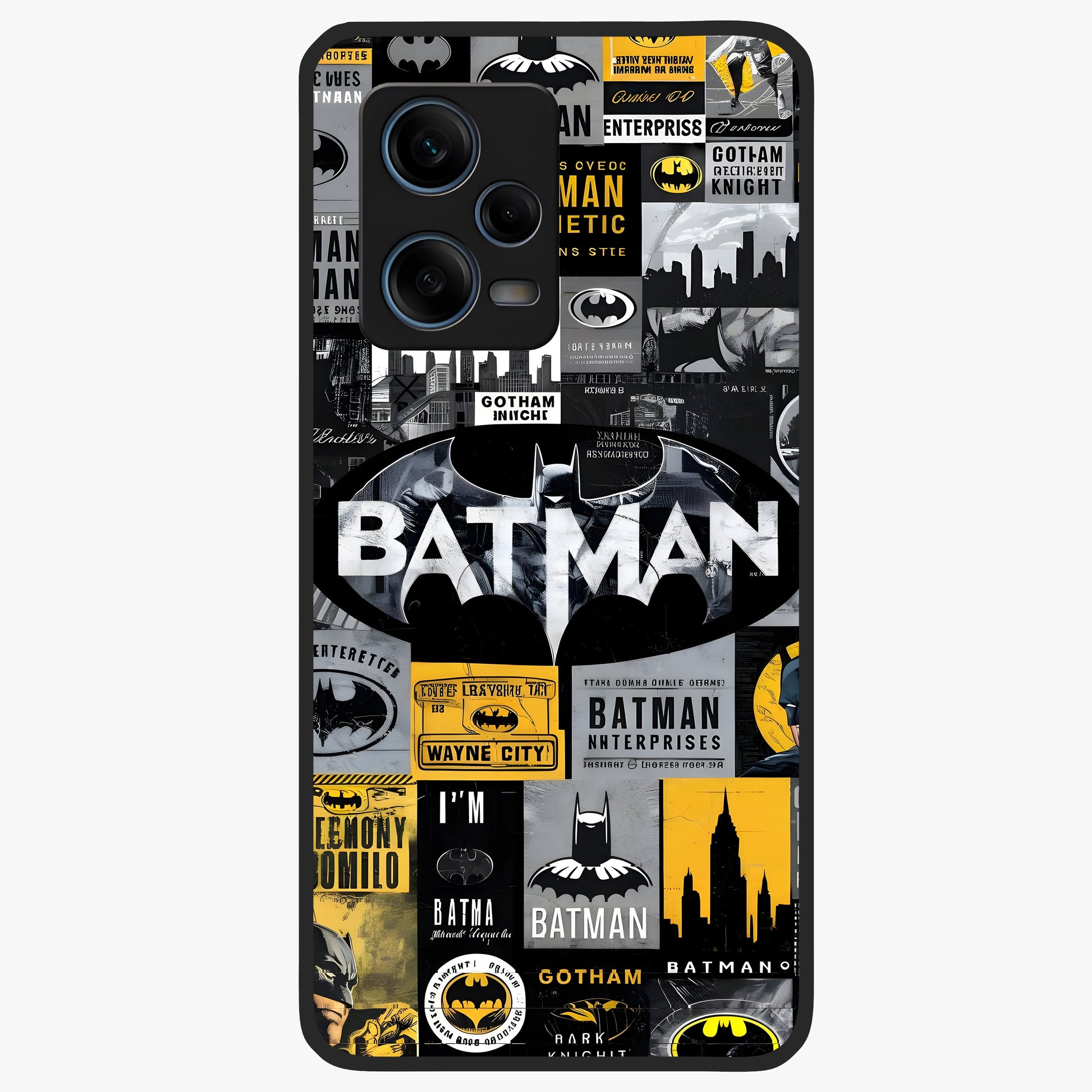 Knight Gotham Rise Glass Case showing flat back view with dark hero inspired artwork and glossy glass finish.