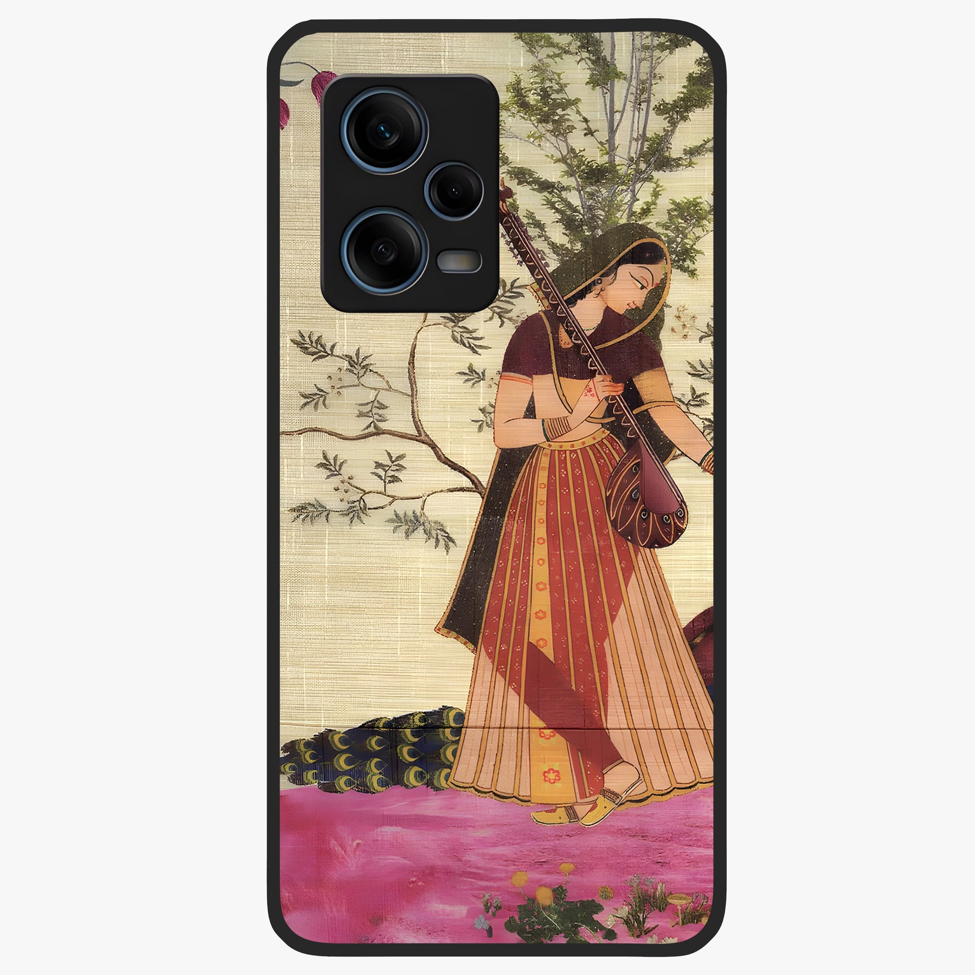 Lady With Veena Art Glass Case showing flat back view with elegant woman playing veena artwork and glossy glass finish.