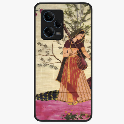 Lady With Veena Art Glass Case showing flat back view with elegant woman playing veena artwork and glossy glass finish.