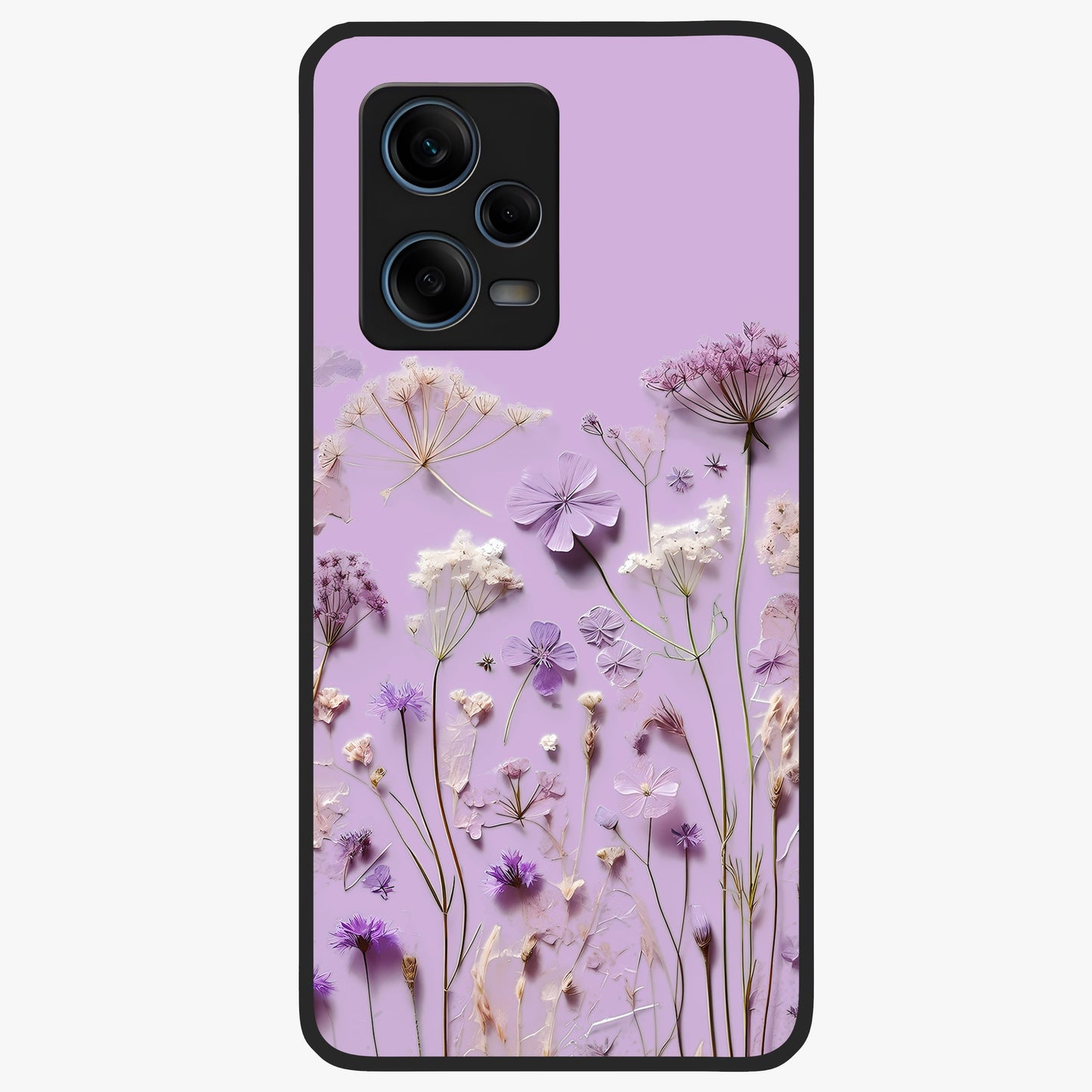 Lavender Blossom Dream Glass Case showing flat back view with soft lavender floral artwork and glossy glass finish.