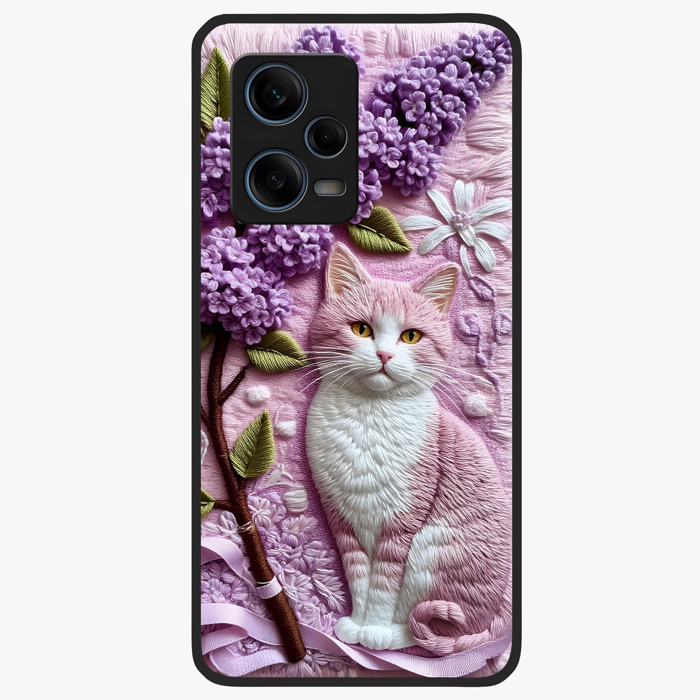 Lavender Cat Whimsy Glass Case showing flat back view with cute lavender cat artwork and glossy glass finish.