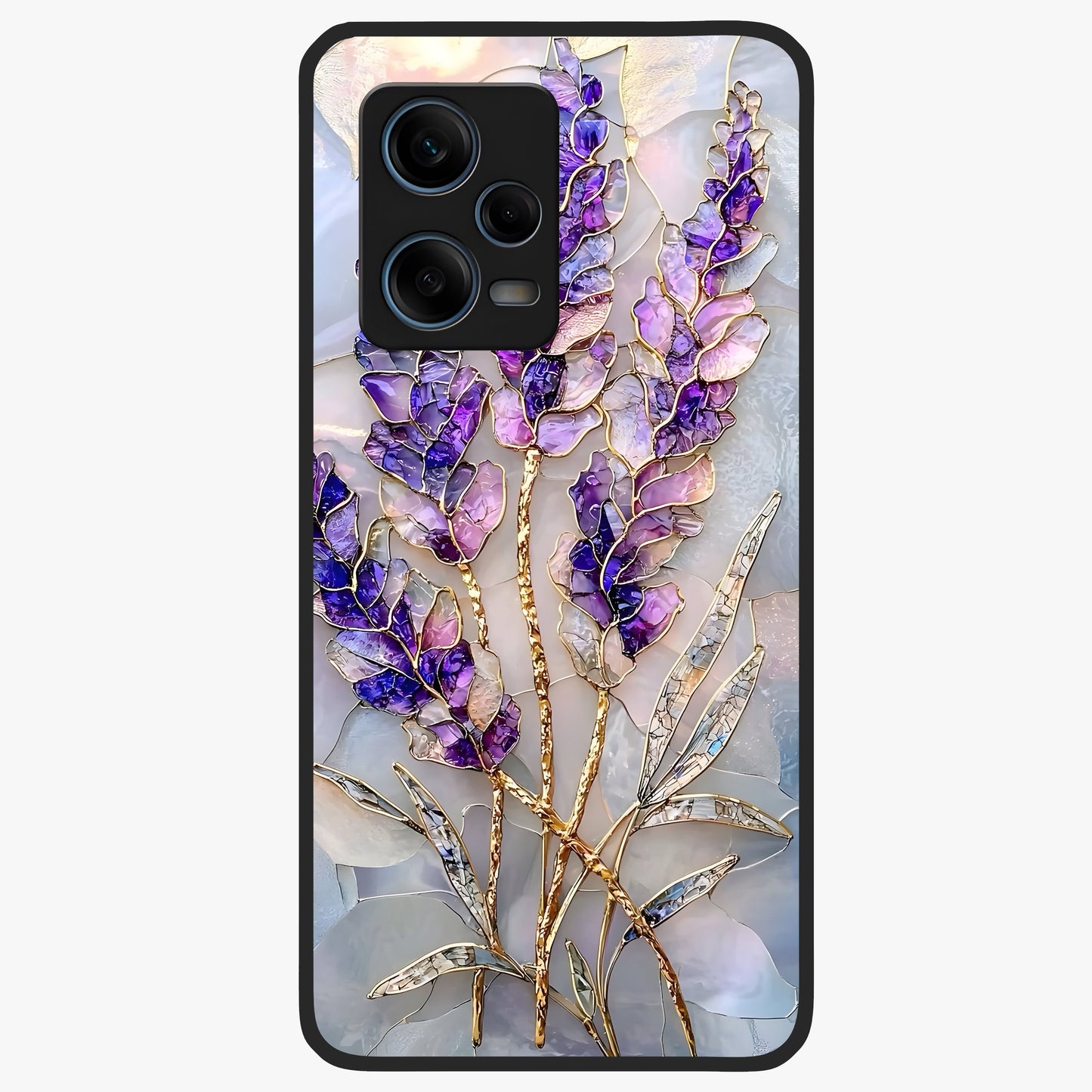 Lavender Dream Glow Glass Case showing flat back view with glowing lavender aesthetic artwork and glossy glass finish.