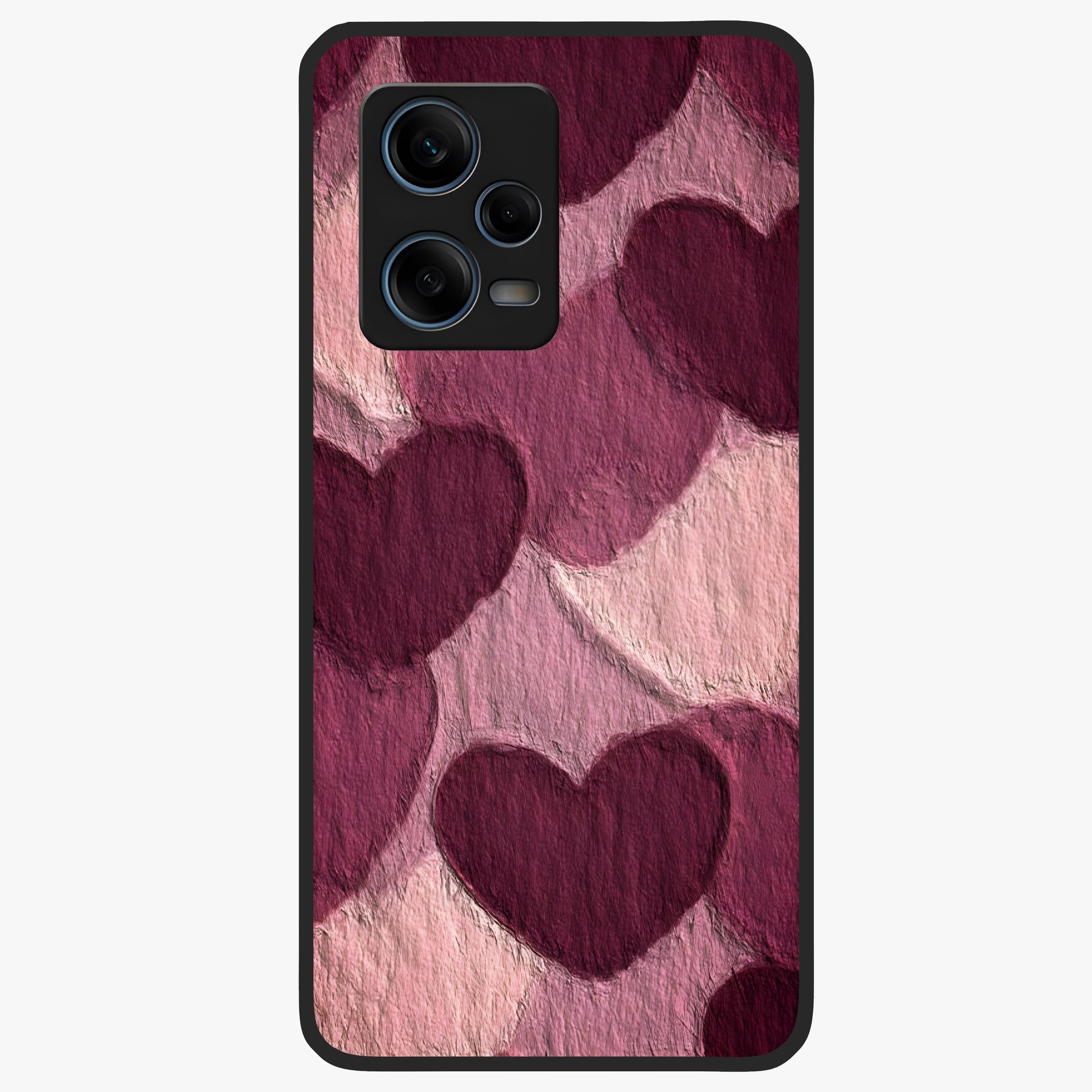 Layered Paper Hearts Glass Case showing flat back view with layered paper heart artwork and glossy glass finish.