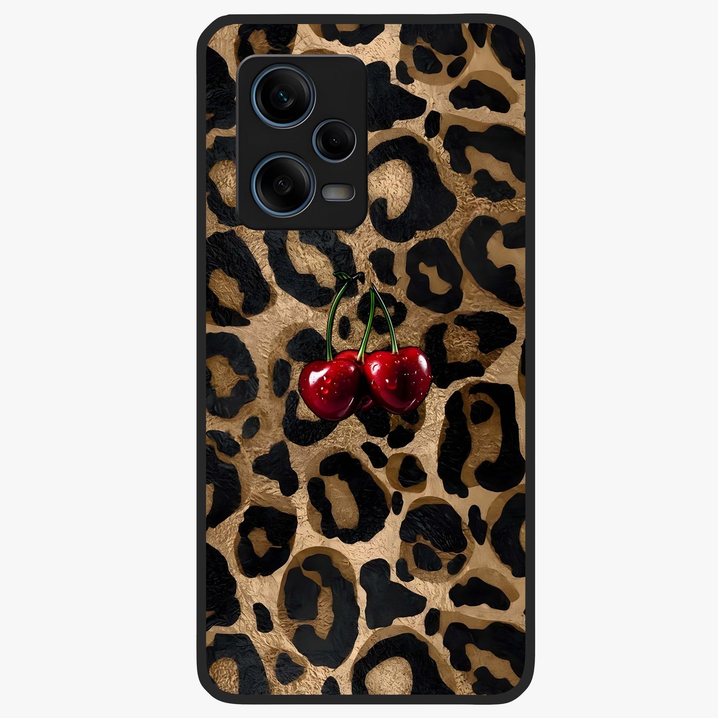 Leopard Wild Cherry Glass Case showing flat back view with leopard pattern and cherry artwork and glossy glass finish.