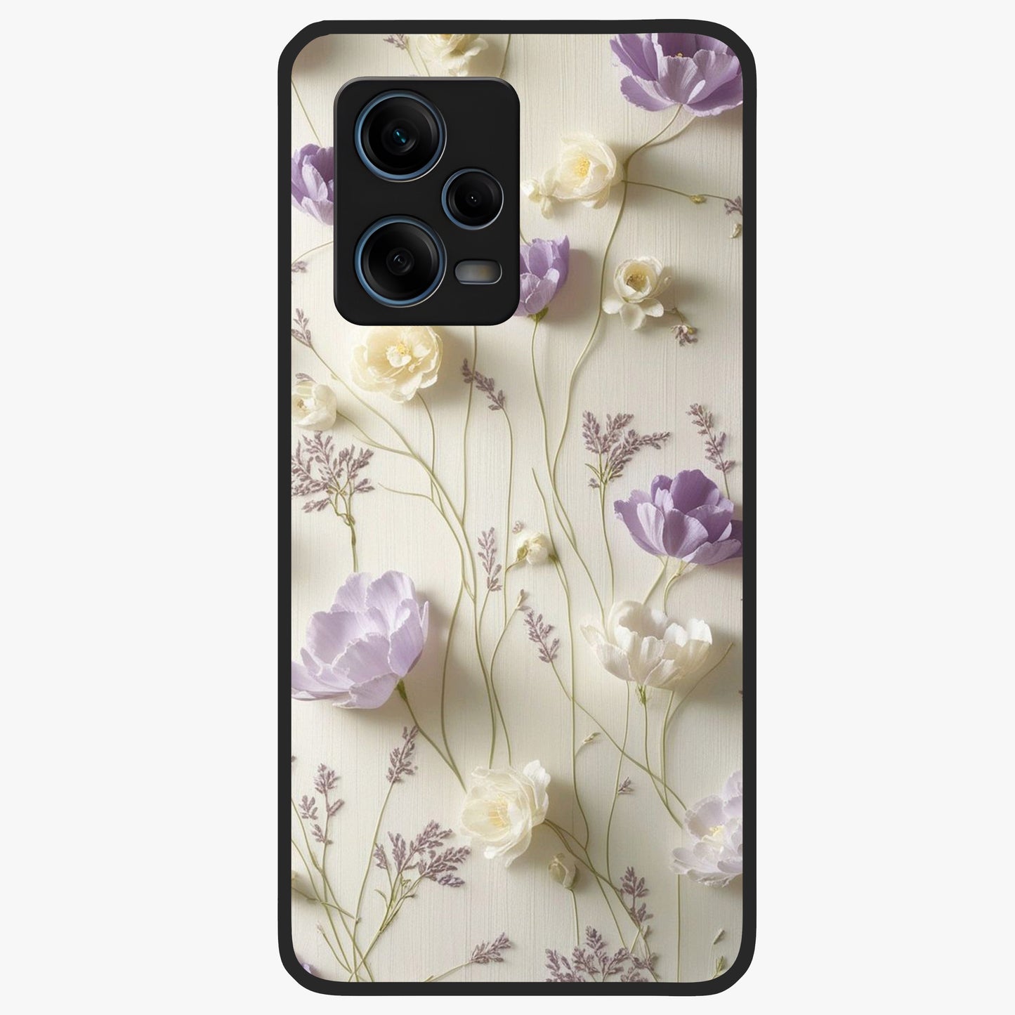 Lilac Breeze Harmony Glass Case showing flat back view with soft lilac themed artwork and glossy glass finish.