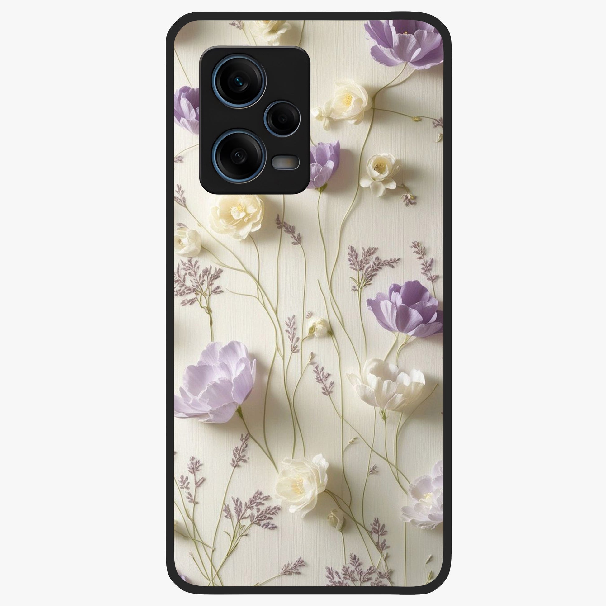 Lilac Breeze Harmony Glass Case showing flat back view with soft lilac themed artwork and glossy glass finish.
