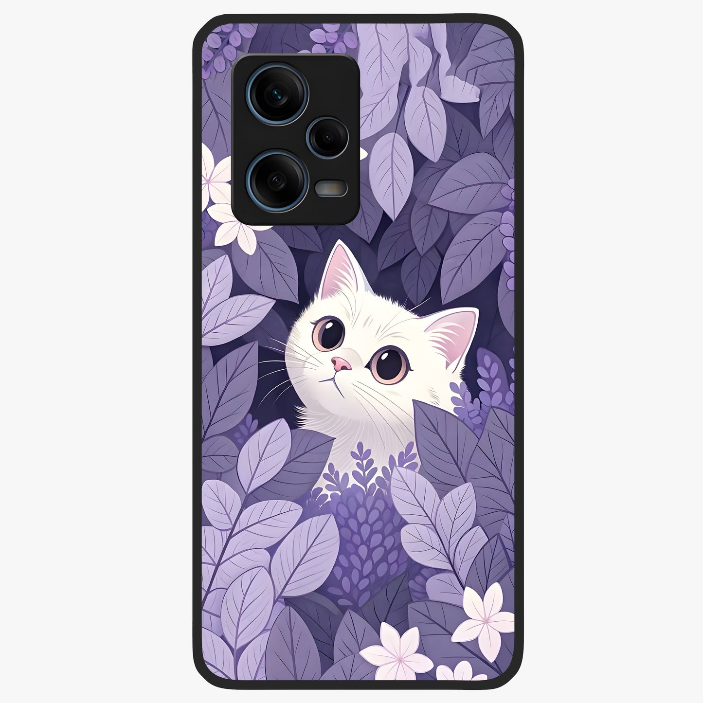 Lilac Hide Peek Cat Glass Case showing flat back view with cute peeking cat artwork and glossy glass finish.