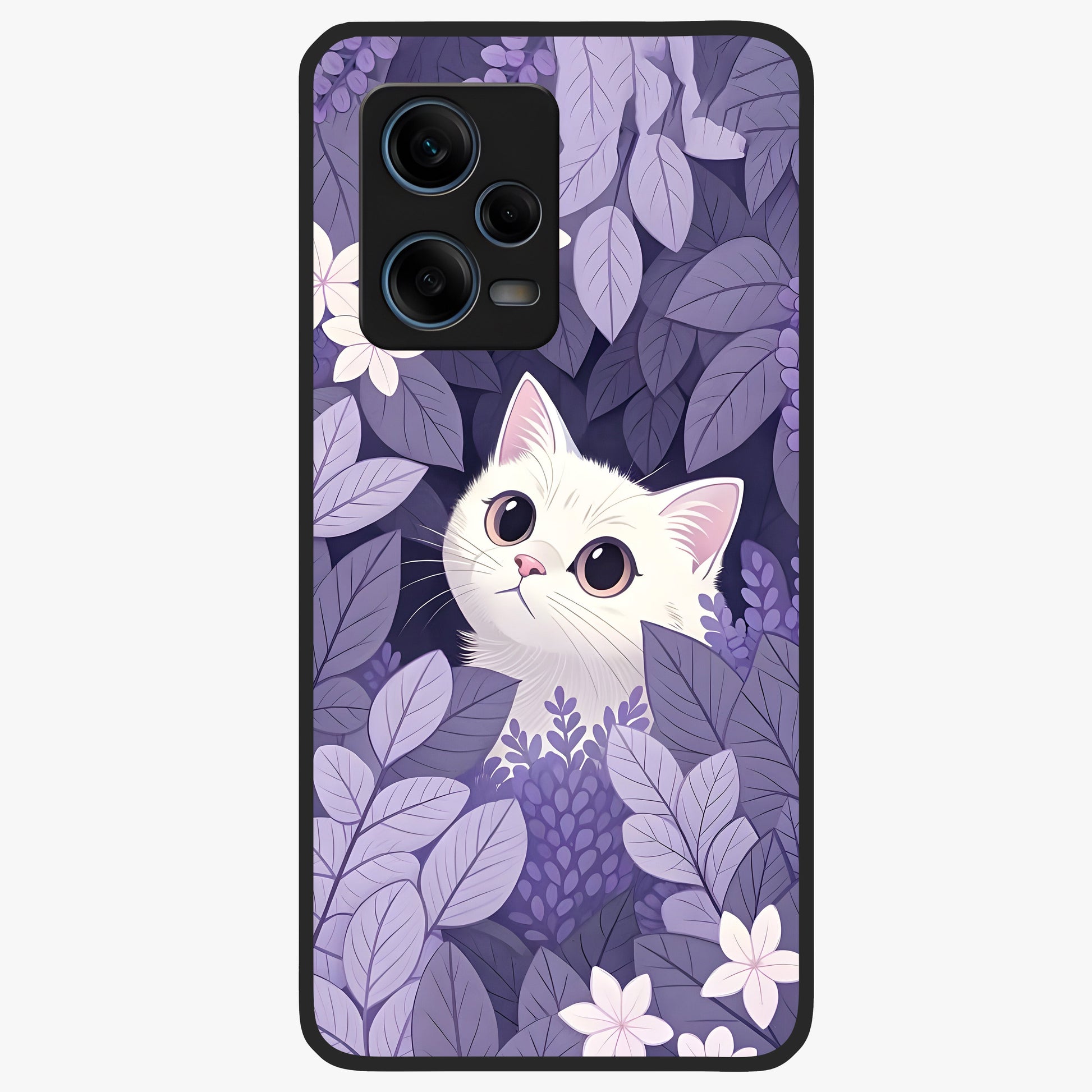 Lilac Hide Peek Cat Glass Case showing flat back view with cute peeking cat artwork and glossy glass finish.