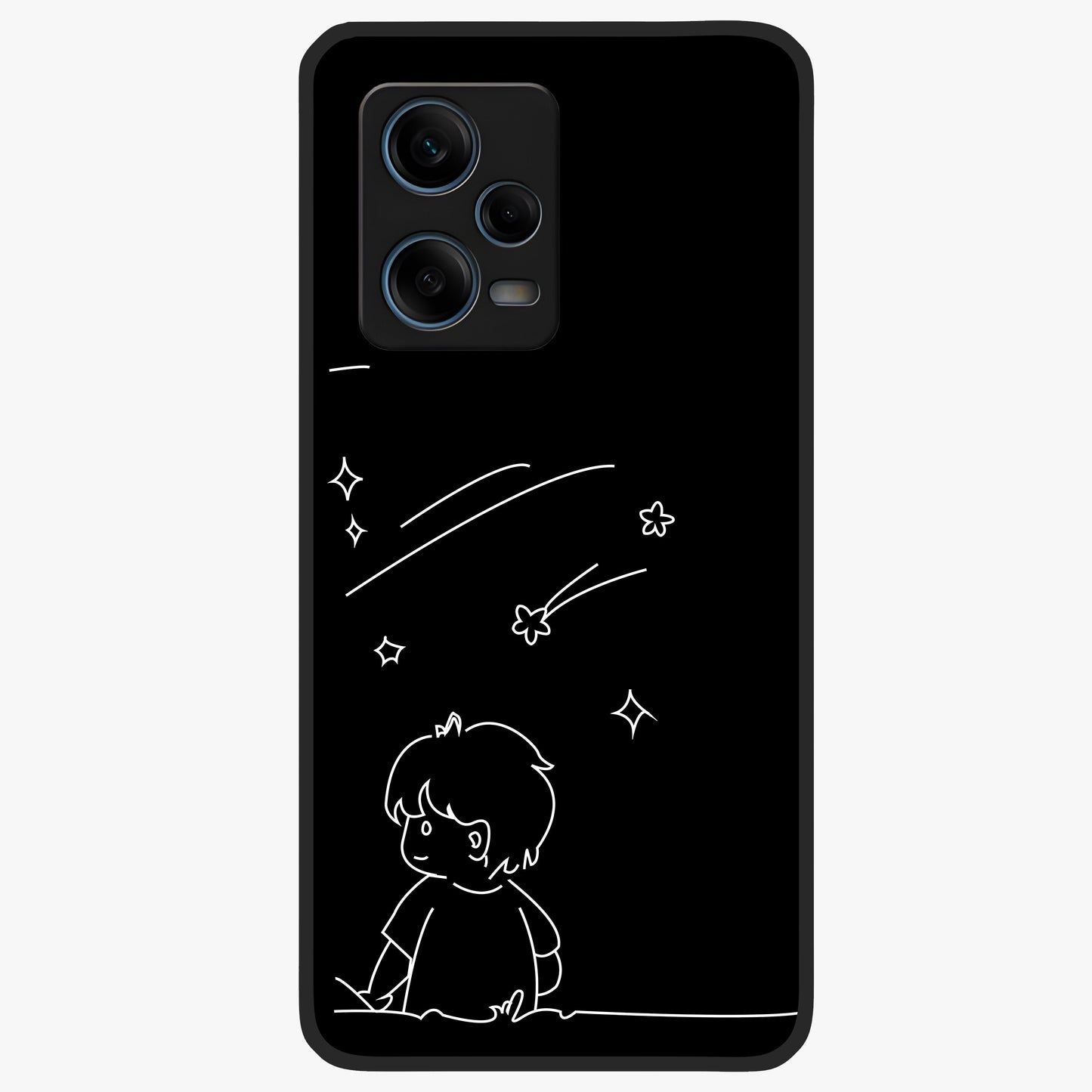 Line Art Boy With Shooting Stars Glass Case showing flat back view with minimal line art boy and shooting stars illustration and glossy glass finish.