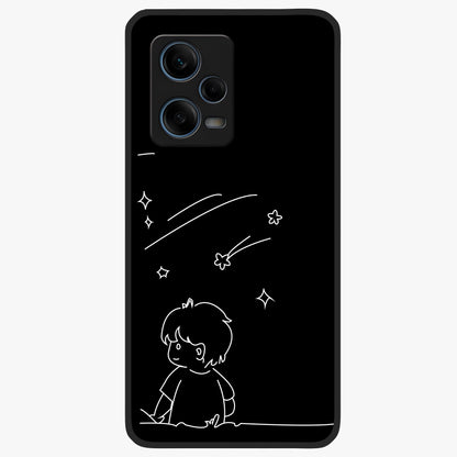 Line Art Boy With Shooting Stars Glass Case showing flat back view with minimal line art boy and shooting stars illustration and glossy glass finish.