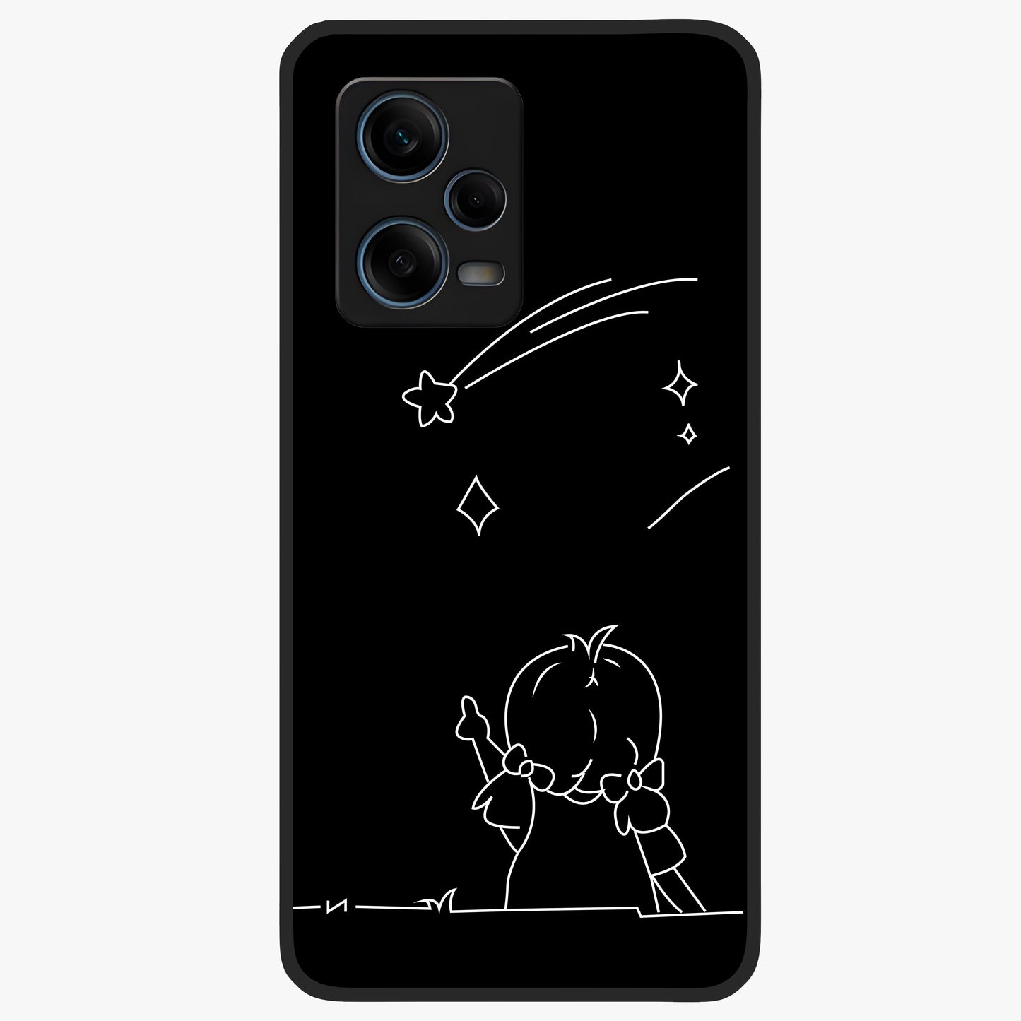 Line Art Girl With Shooting Stars Glass Case showing flat back view with minimal line art girl and shooting stars illustration and glossy glass finish.