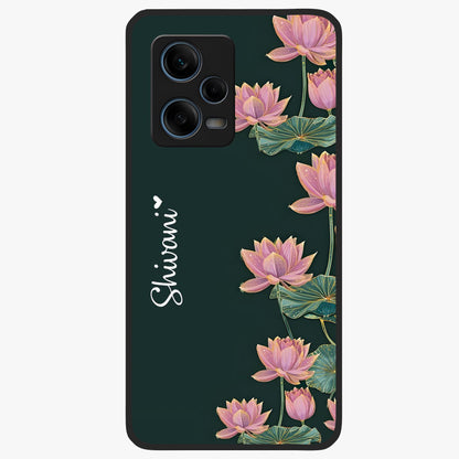 Lotus Bloom Serenity Custom Name Glass Case showing flat back view with elegant lotus flower artwork and personalized name design.