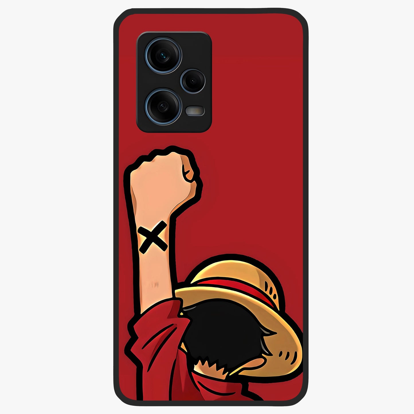Luffy X Spirit Glass Case showing flat back view with bold anime character artwork and glossy glass finish.