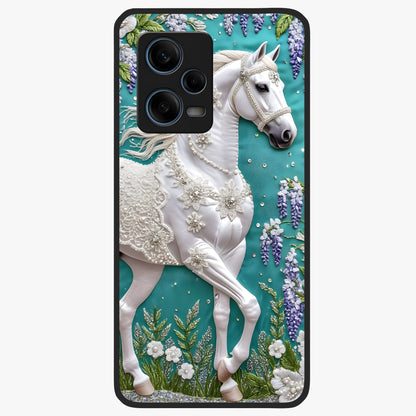 Majestic Floral Stallion Glass Case showing flat back view with powerful horse and floral artwork and glossy glass finish.
