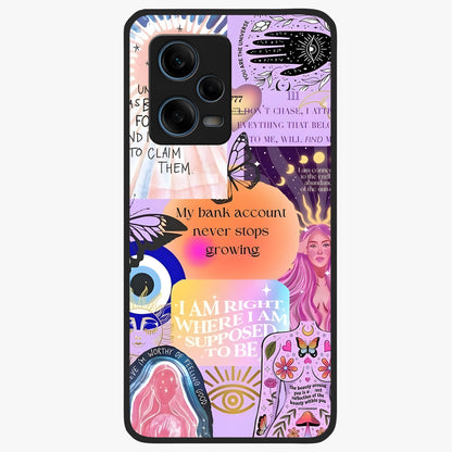 Manifestation Collage Glass Case showing flat back view with motivational collage artwork and glossy glass finish.