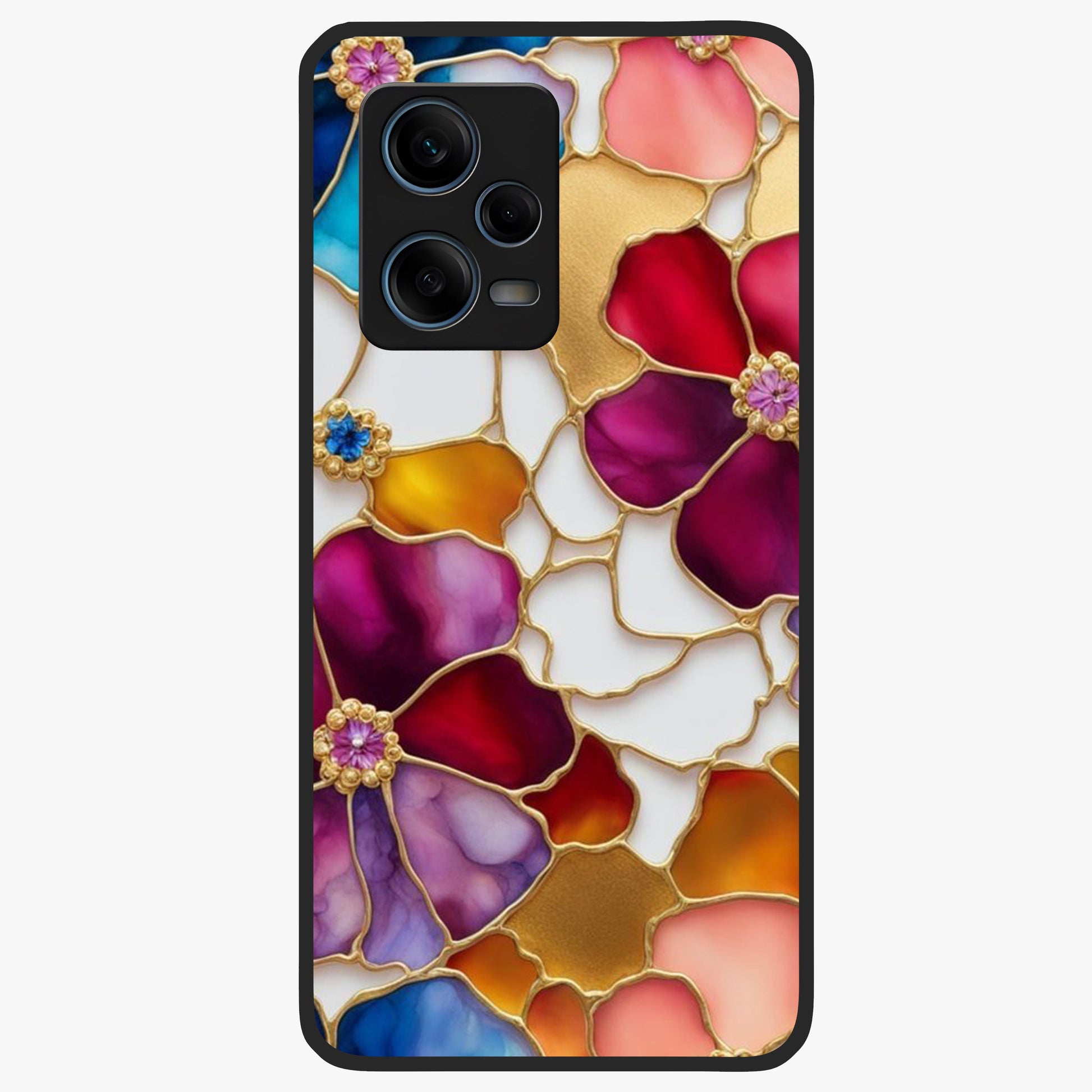 Marble Flower Pattern Glass Case showing flat back view with marble texture floral artwork and glossy glass finish.