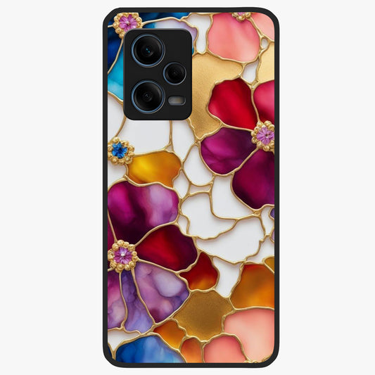 Marble Flower Pattern Glass Case showing flat back view with marble texture floral artwork and glossy glass finish.
