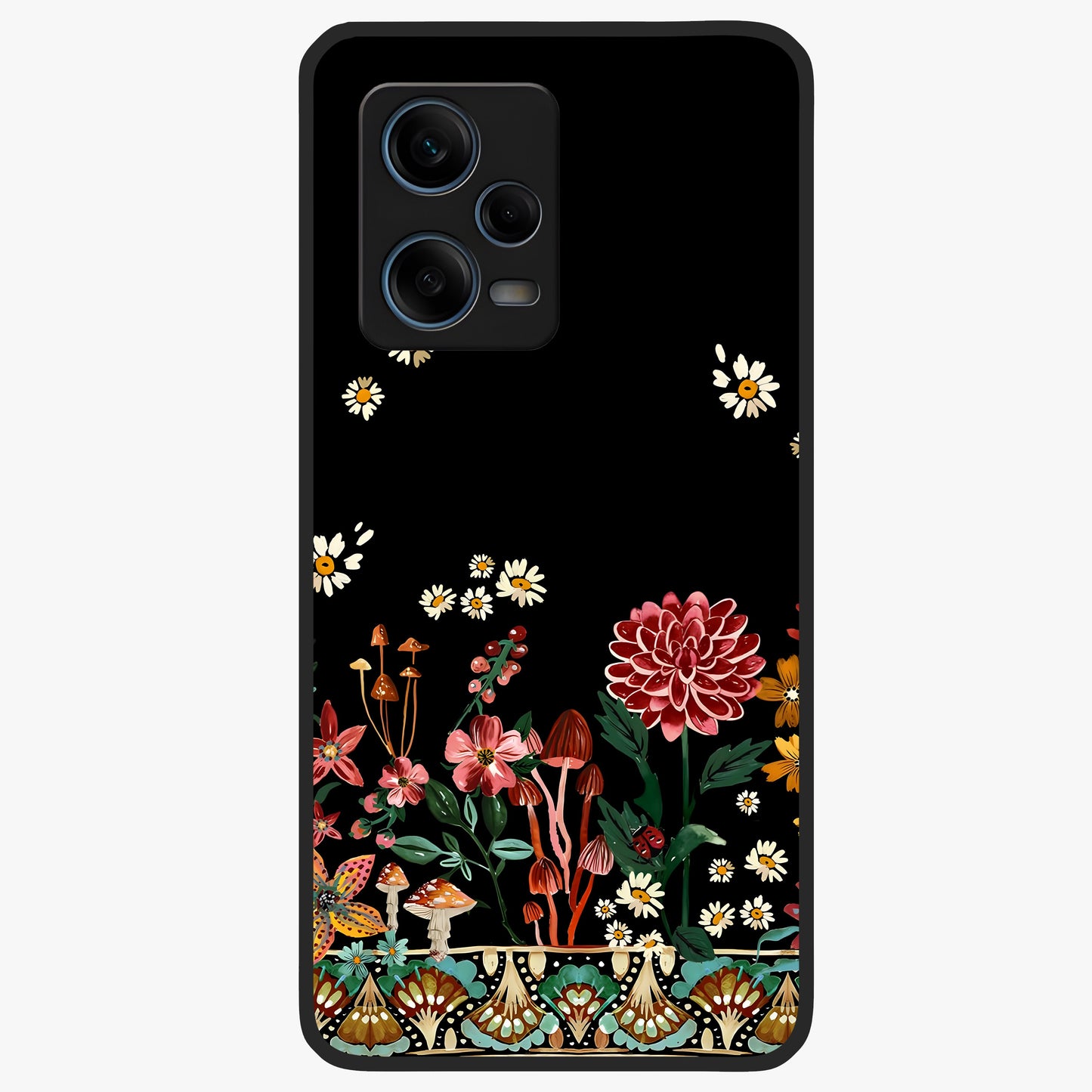 Midnight Bloom Pattern Glass Case showing flat back view with dark floral pattern artwork and glossy glass finish.