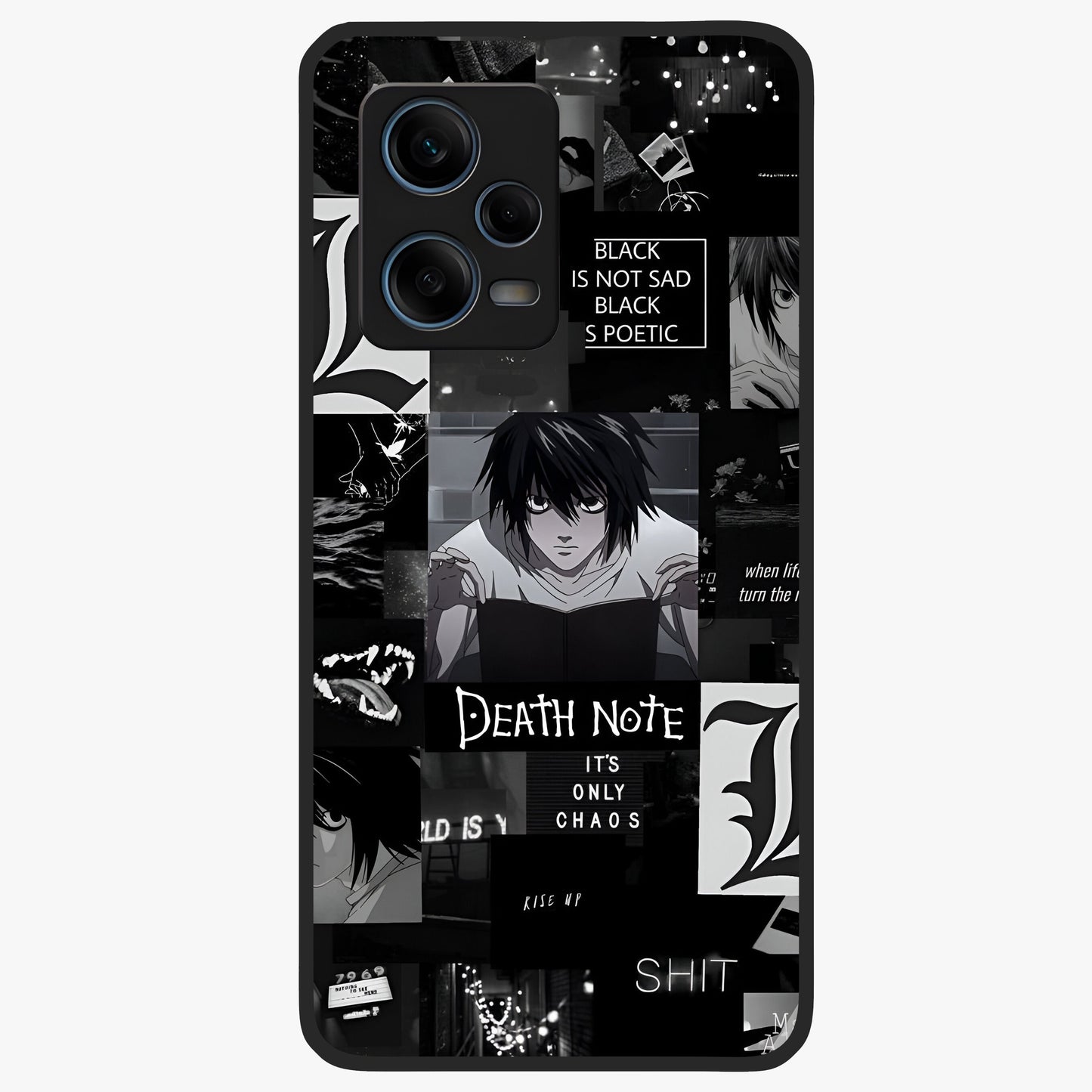 Midnight Chaos Mind Glass Case showing flat back view with abstract dark themed artwork and glossy glass finish.