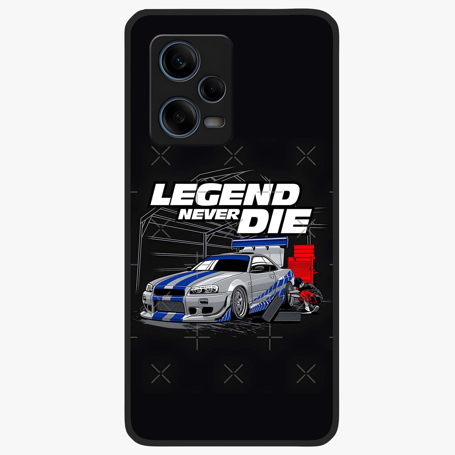 Midnight Racing Legacy Glass Case showing flat back view with sleek racing inspired artwork and glossy glass finish.
