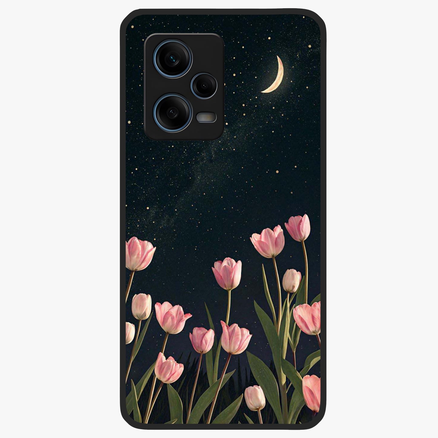 Midnight Tulip Whispers Vibe Glass Case showing flat back view with elegant tulip flower artwork and glossy glass finish.