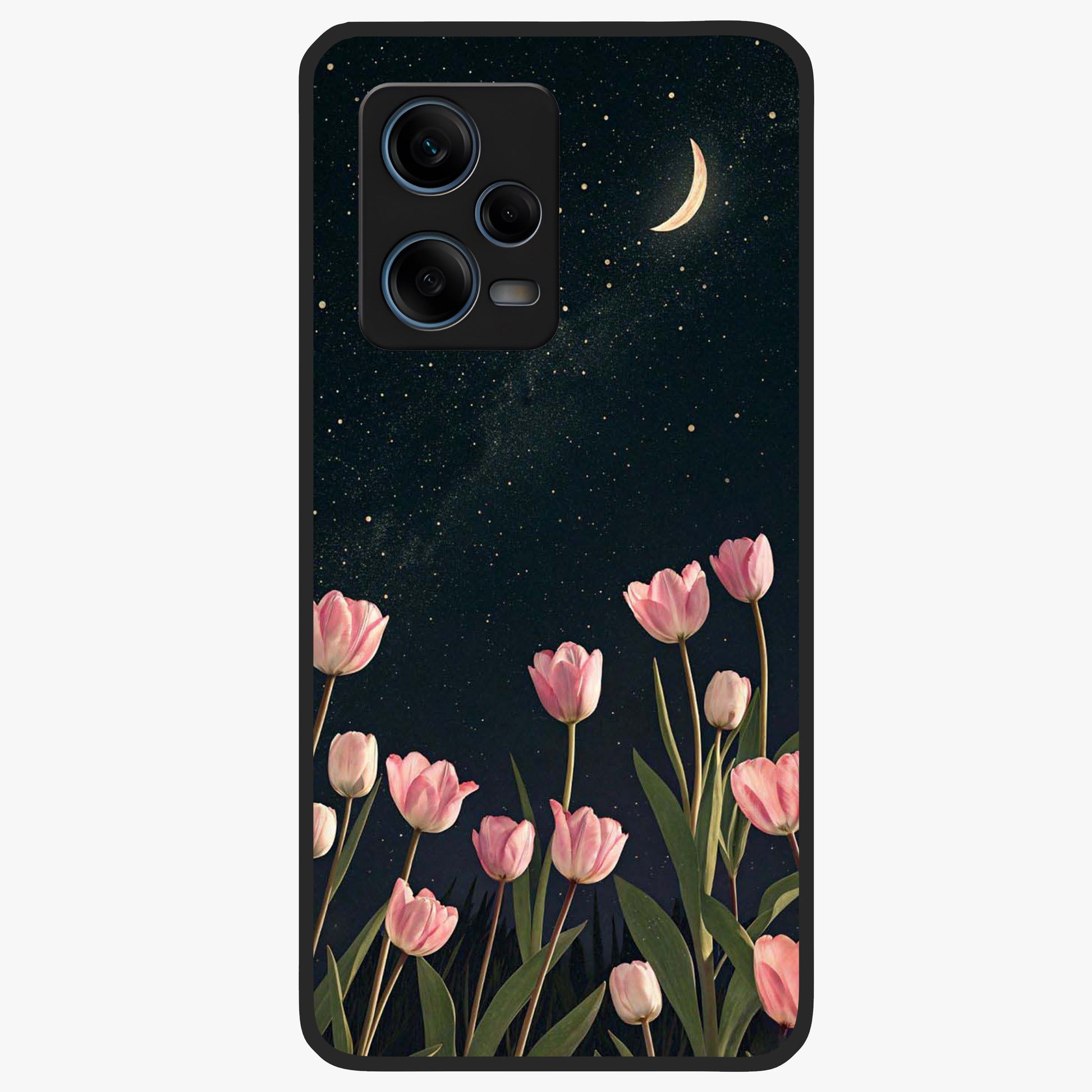 Midnight Tulip Whispers Vibe Glass Case showing flat back view with elegant tulip flower artwork and glossy glass finish.