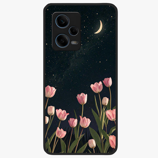Midnight Tulip Whispers Vibe Glass Case showing flat back view with elegant tulip flower artwork and glossy glass finish.
