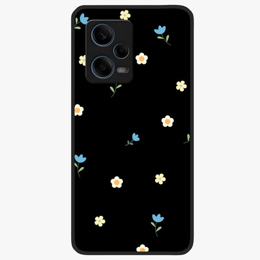 Minimalistic Blue With White Flower Pattern Glass Case showing flat back view with blue background and white flower pattern and glossy glass finish.
