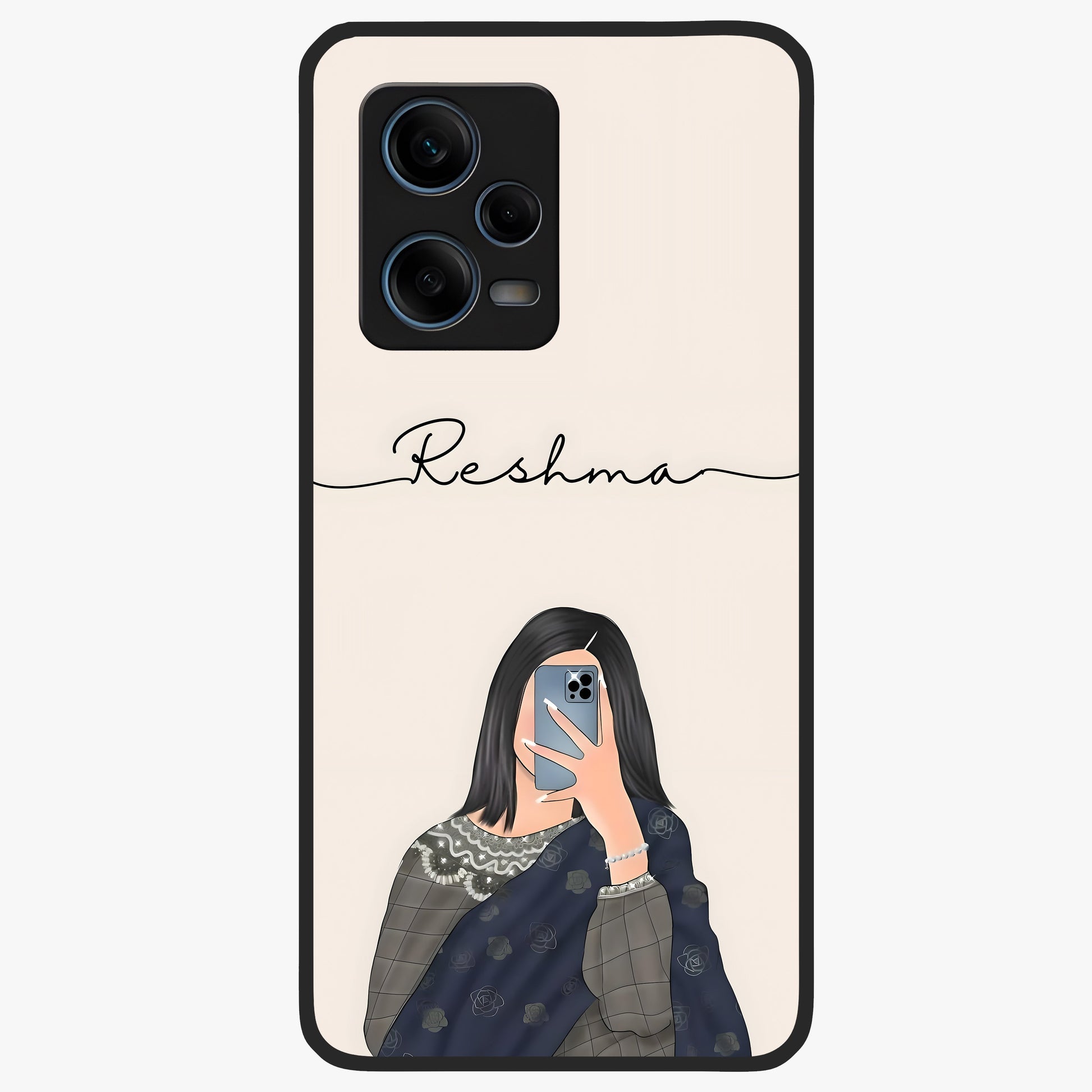 Mirror Mood Muse With Custom Name Glass Case showing flat back view with stylish mirrored artwork and personalized name design.