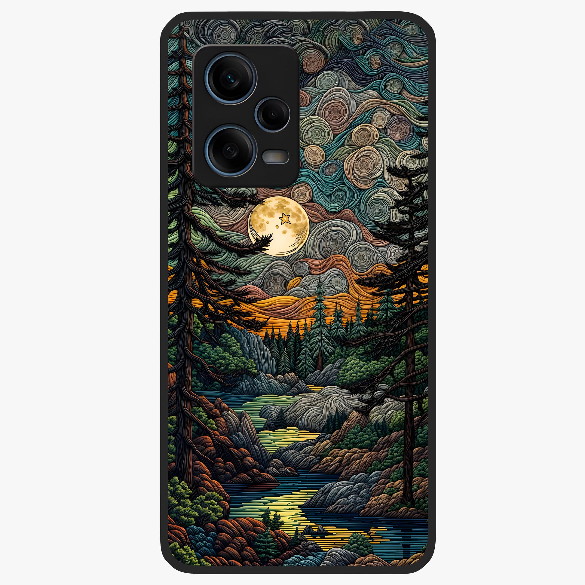Moonlight Forest Dream Glass Case showing flat back view with mystical forest moonlight artwork and glossy glass finish.