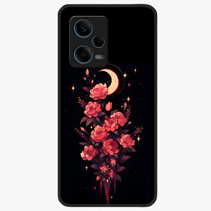 Moonlit Floral Elegance Glass Case showing flat back view with elegant floral artwork under moonlit tones and glossy glass finish.