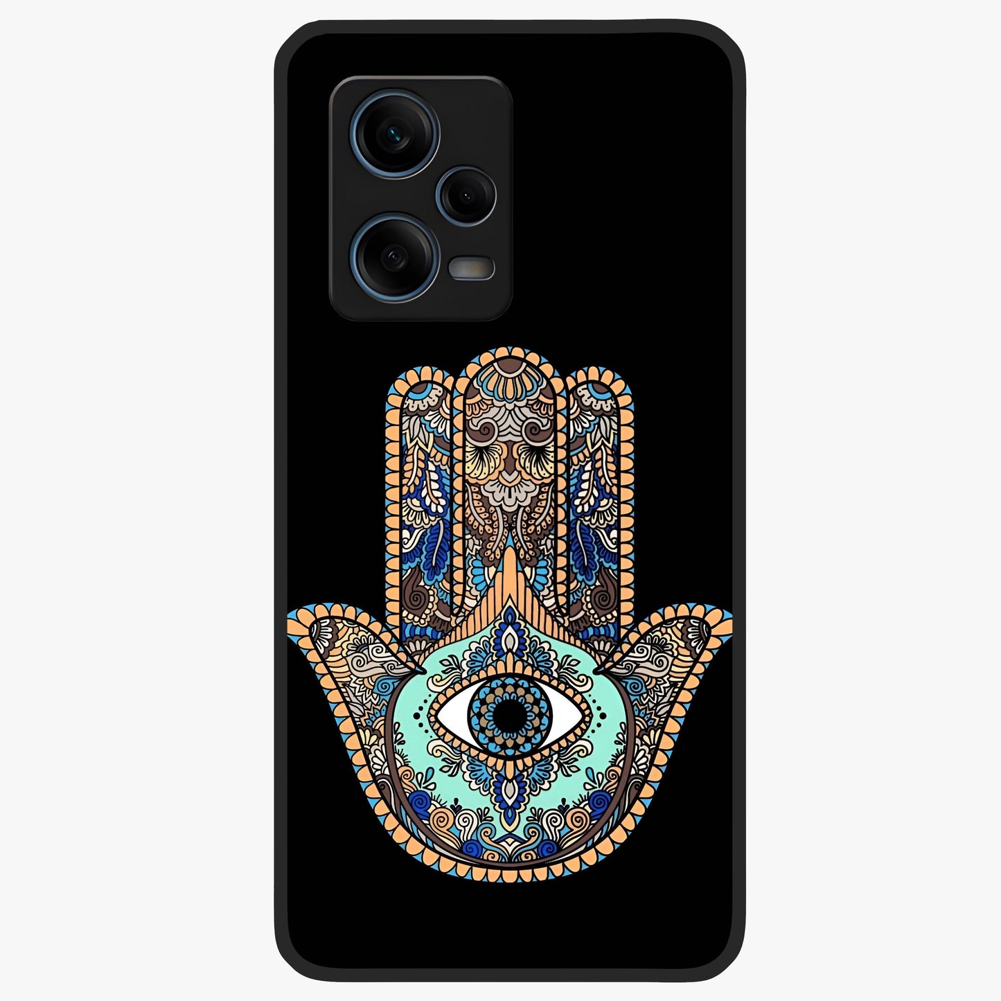 Mystic Hamsa Eye Glass Case showing flat back view with protective hamsa hand and evil eye artwork and glossy glass finish.