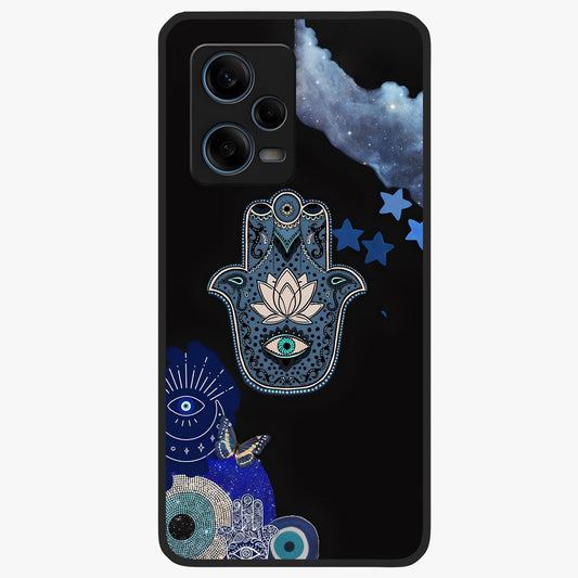 Mystic Hand Aura Glass Case showing flat back view with mystical hand symbol artwork and glossy glass finish.