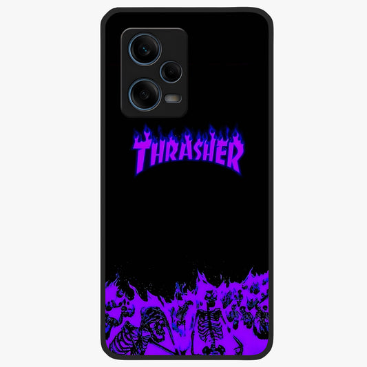 Neon Flame Riot Glass Case showing flat back view with neon flame artwork and glossy glass finish.