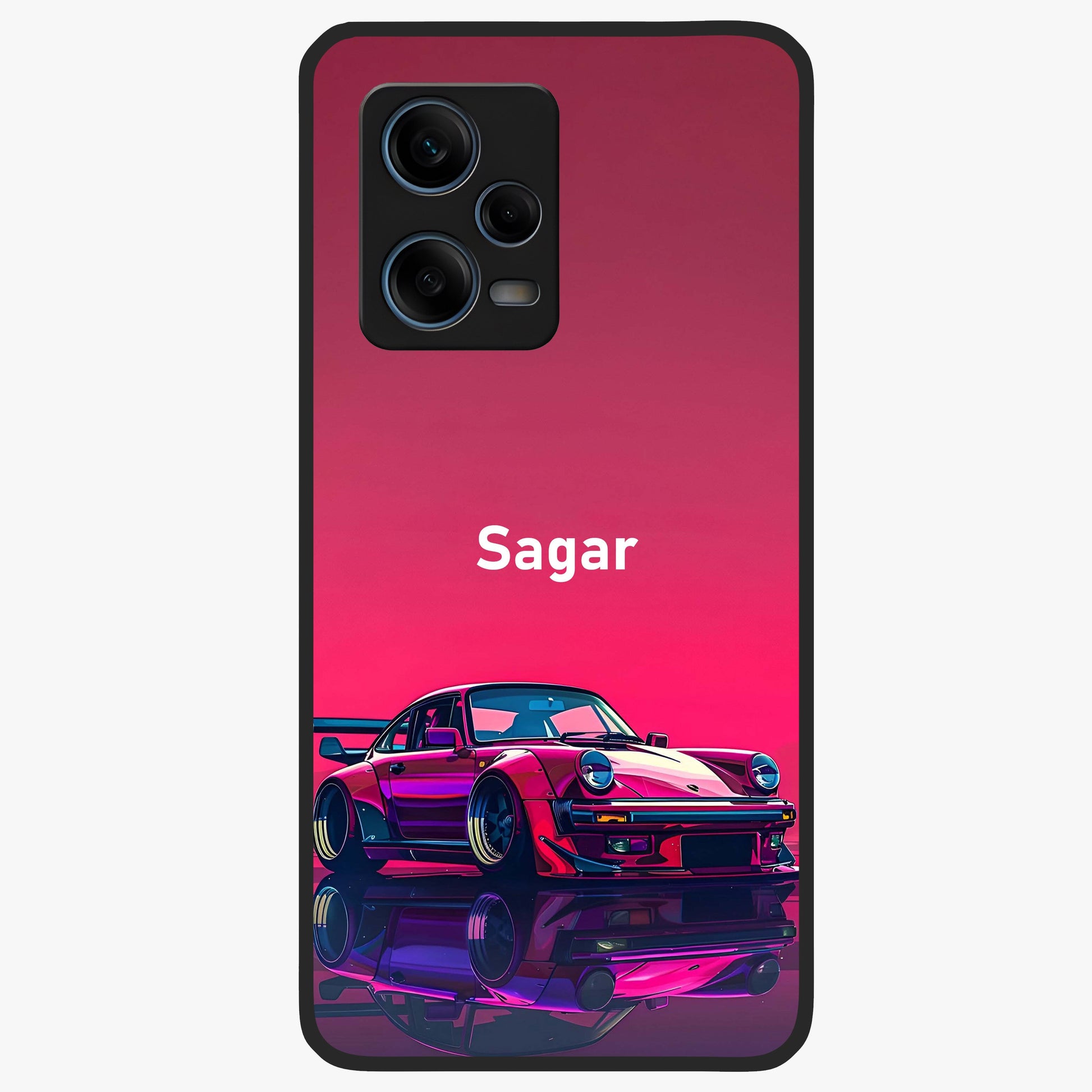 Neon Pink Porsche Glass Case showing flat back view with stylish sports car artwork and glossy glass finish.